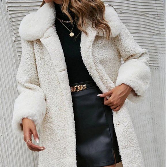 plush button up faux fur teddy coat chic elegant classy white - Picture 6 of 6